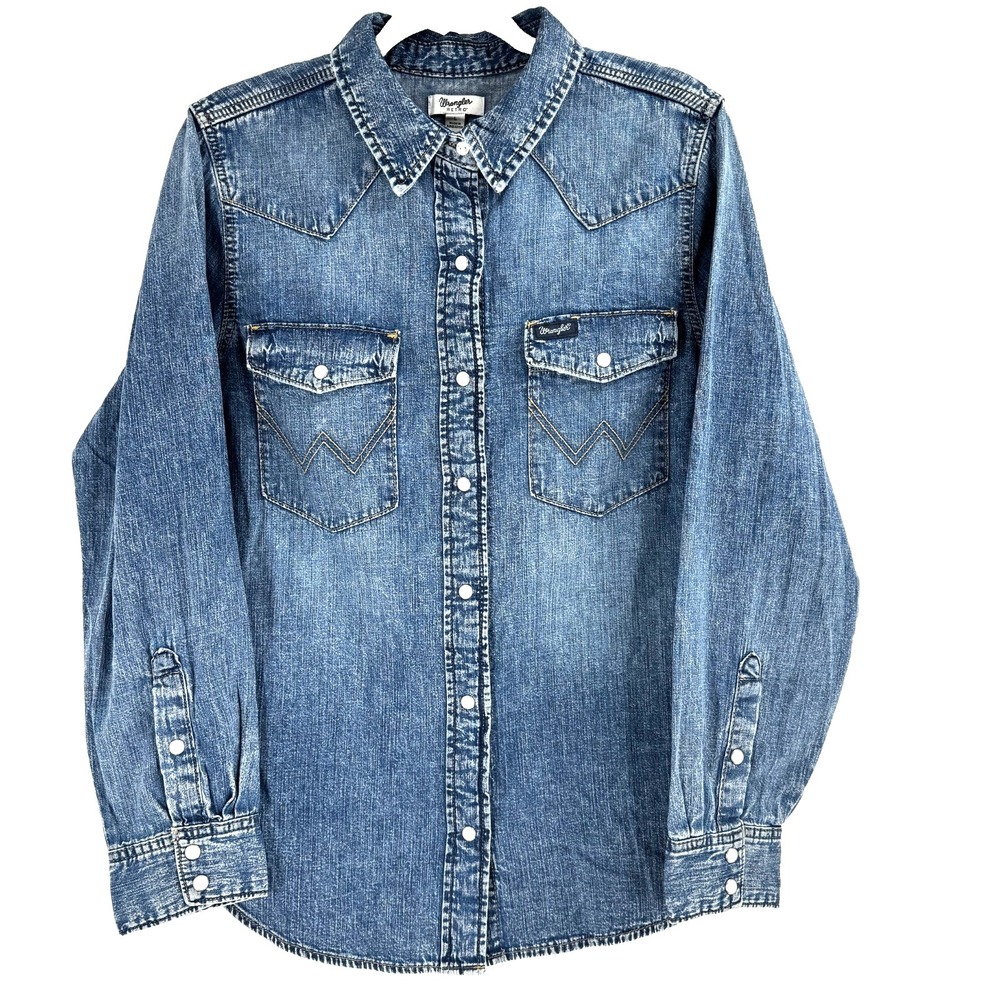 Wrangler Retro Denim Pearl Snap Shirt Women's Large Stone Wash Western Rodeo